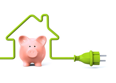 Green power plug - house with piggy bank